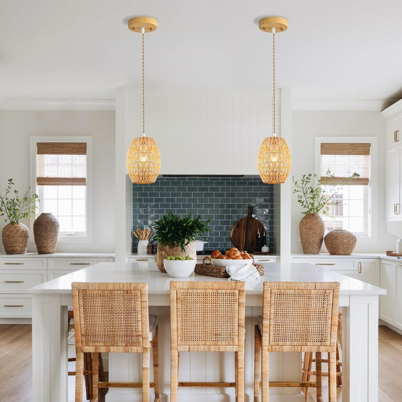 2-Pack Boho Rattan Pendant Light Fixture, Hand-Woven Wicker Chandelier With Hemp Rope For Dining Room Kitchen Island Bedroom Hallway, Hardwired E26 Socket Adjustable Hanging Height