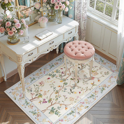 Chinoiserie Vintage Floral Rug Washable Non-slip Beige/Blue