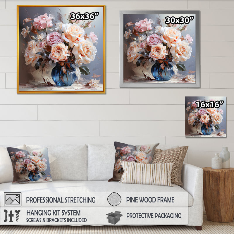 Magnifique bouquet de roses sur toile, Cadre flottant doré, H 16 po x l 16 po x P 1 po