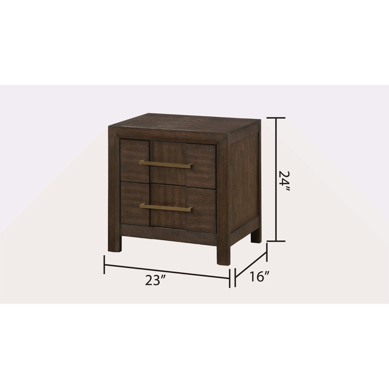 Table de chevet 2 tiroirs de style moderne avec poignées en métal argenté, Noyer