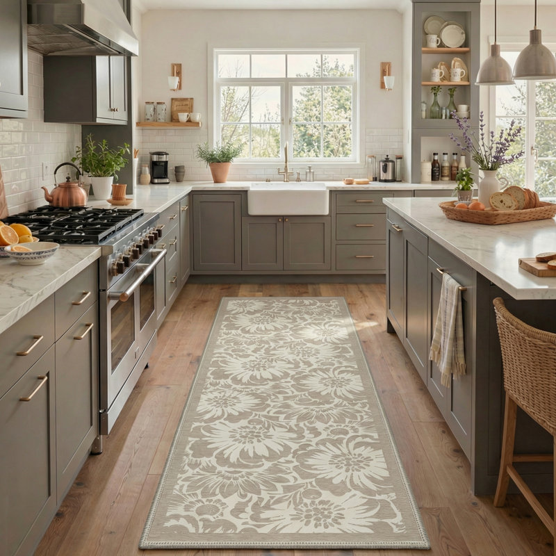 Veridian Floral Machine Washable Yellow / White Indoor Area Rug with Non-Slip Backing, Runner 2' x 6'