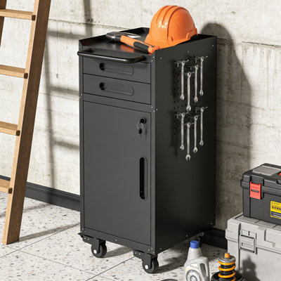 Rolling Tool Cabinet - Slim Space-Saving Metal Storage with Lockable Door, 2 Drawers, Black, 14.8W x 16.5D x 34.4H