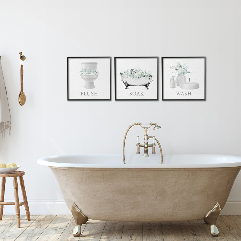 «Bathroom Rules with Eucalyptus», ensemble de 3 impressions giclées encadrées, dessinées par lettres et doublées