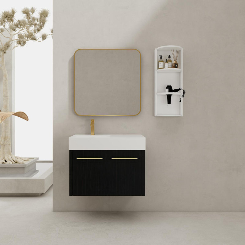 Meuble-lavabo mural de 30 po avec lavabo et support de rangement, lavabo gauche en résine à bords épais, ensemble KD, 30"