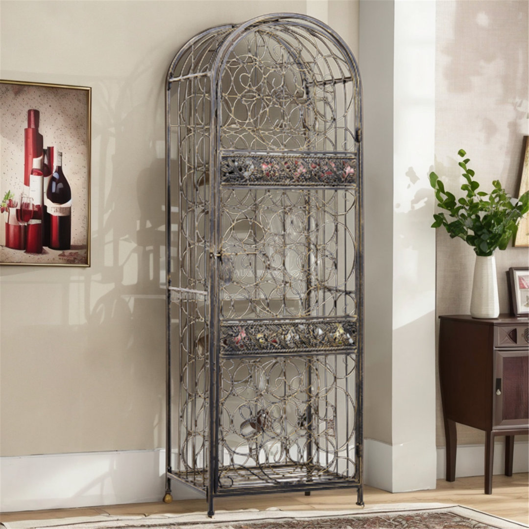 Georgiana Antique Bronze 45-Bottle Wine Rack Cellar – Lockable Wrought Iron Design, Scrollwork Accents Ophelia & Co.