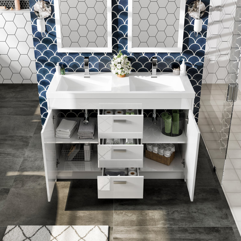 Ensemble de meuble-lavabo double 48 po Wauconda, Blanc, Chrome chrome