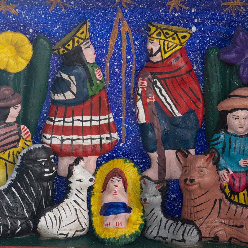 Bungalow rose fait à la main nuit à Bethléem en bois et céramique crèche Retablo