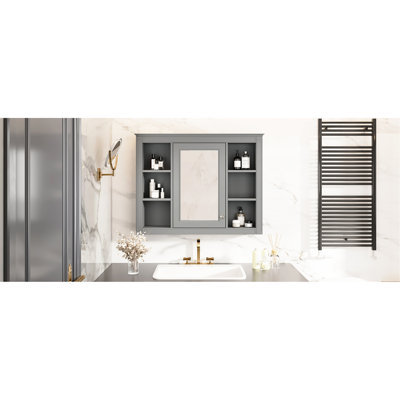 Armoire de salle de bain murale avec miroir, 35 po x 27,5 po, gris, armoire de rangement spacieuse 35 po x 27,5 po, charnières réglables à fermeture en douceur