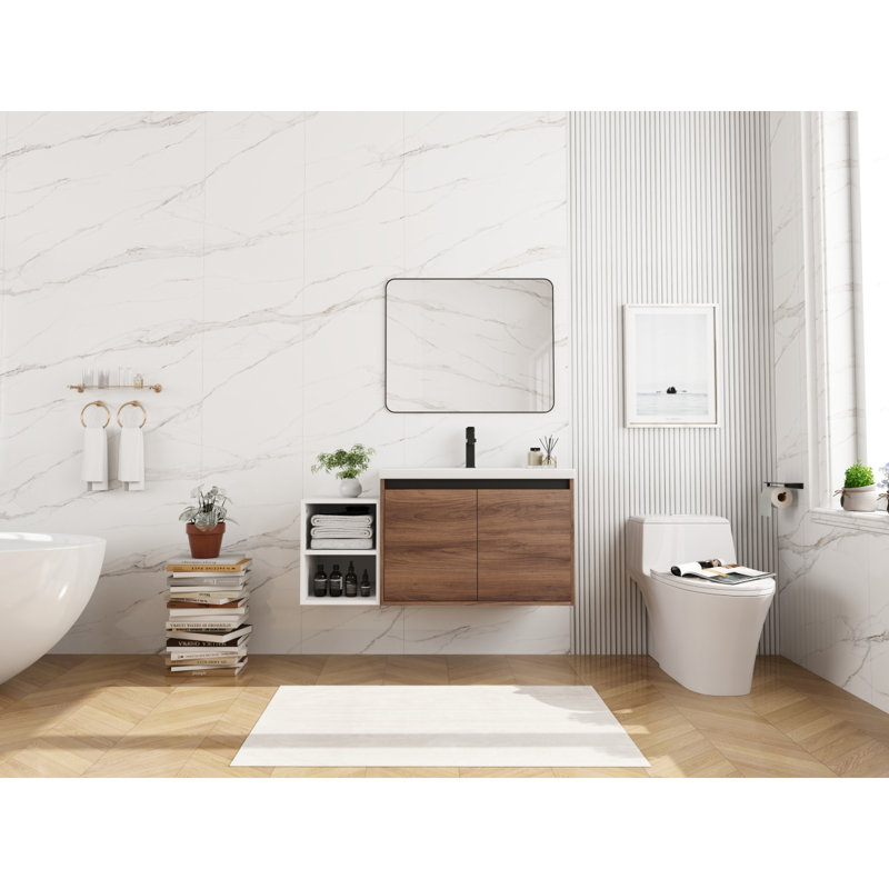 Ensemble de meuble-lavabo mural 48 po avec lavabo de comptoir en résine, 1 tablette de rangement, 2 portes à fermeture douce (KD-Packing)
