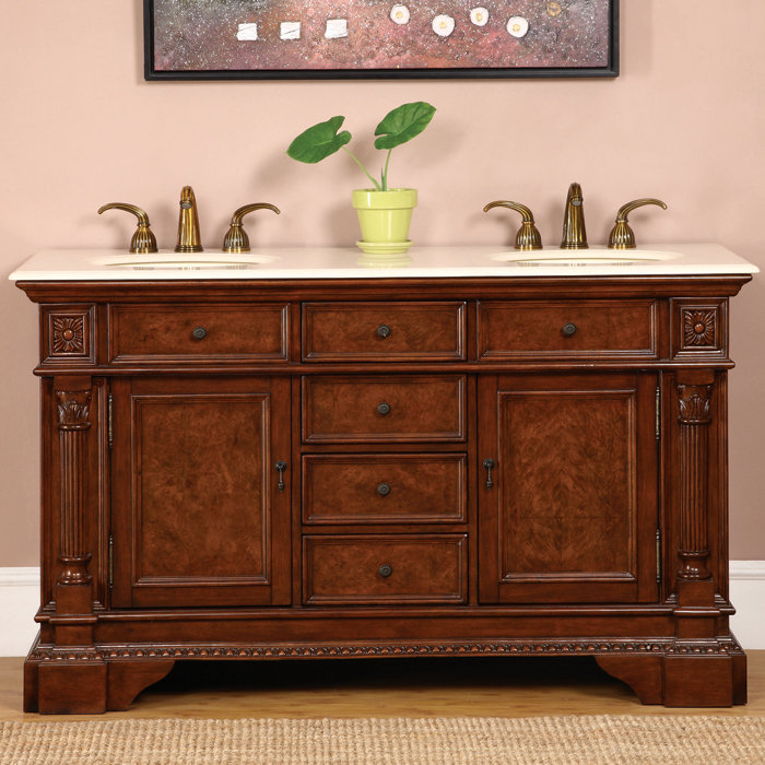 Ensemble de meuble-lavabo double 60 po Tingley, Marbre ivoire crème
