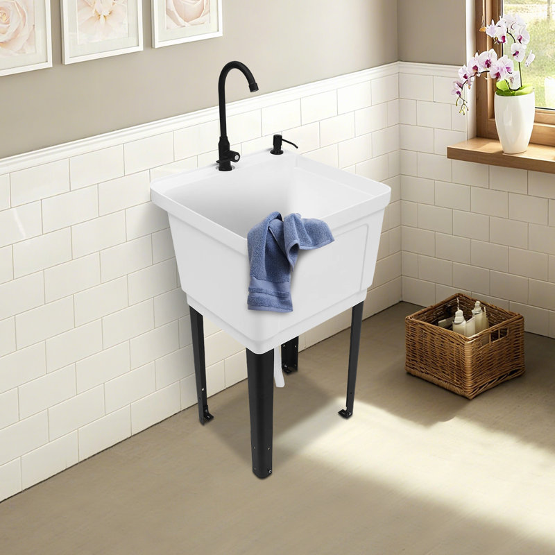 Freestanding Laundry Sink With Rotatable Faucet And Soap Dispenser, White