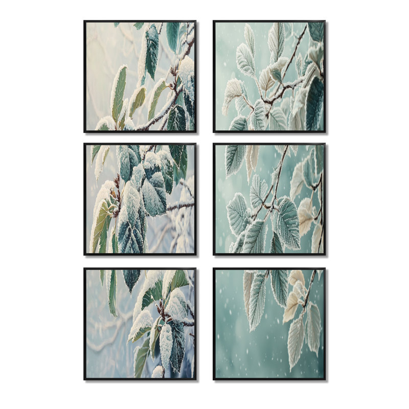 Snowy Leaves In The Forest - Ensemble de 6 décorations murales florales, Impression encadrée sans passe-partout, Noir