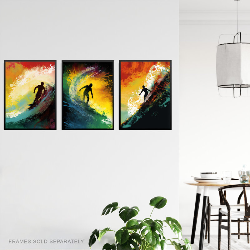 Surfing At Sunset Bright Action Seascape Aesthetic - 3 Piece No Frame Print Set, 29.7cm H x 21cm W x 0.4cm D