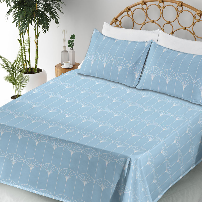 Microfiber Sheet Set, Full Sheet Set with 2 Pillowcases, Pale Sky Blue/White Geometric