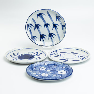 Hand Painted Blue White Appetizer Plates, Assorted Set Of 4