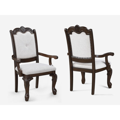2Pc Arm Chairs Beautifully Detailed Frames Luxurious Upholstery Coffee Solid Wood Dining Furniture