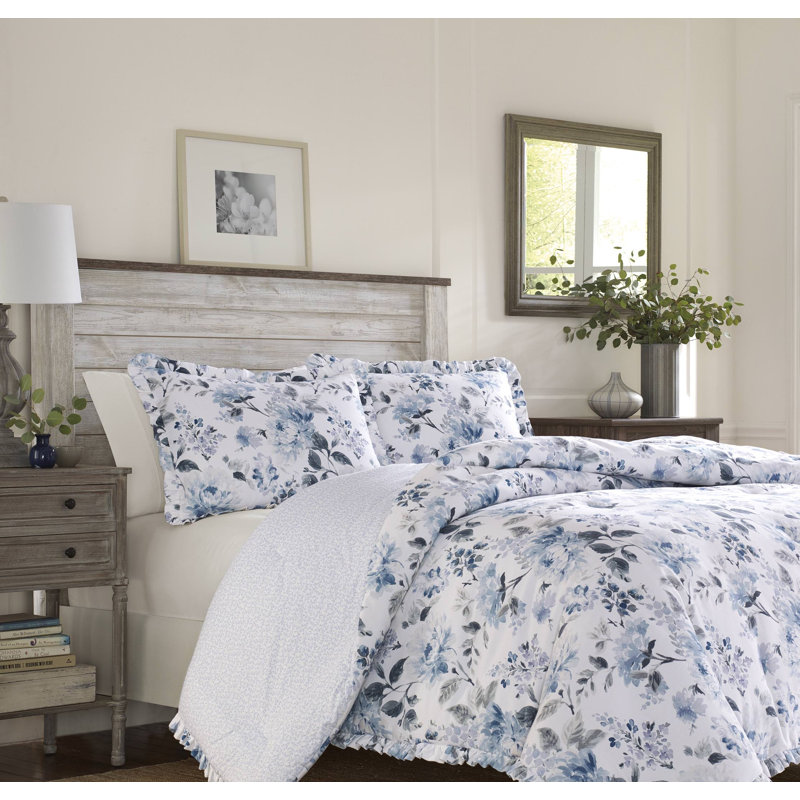 Laura Ashley Chloe Blue Cotton Comforter Set, Full/Queen Comforter + 2 Shams