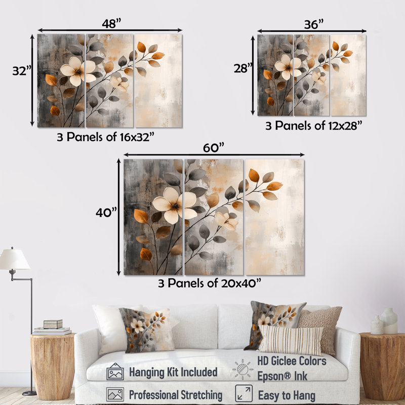 Ensemble de décorations murales fleurs de cerisier orange et gris, Toile tendue, H 40 po x l 60 po x P 1 po