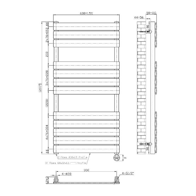 Flat Panel Towel Rail Heated Towel Rails, Anthracite, 120cm H x 60cm W x 6.2cm D