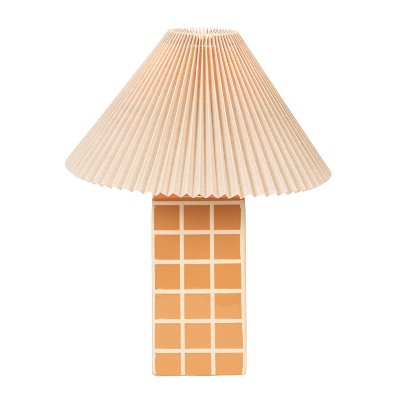 Lampe de table jaune en céramique avec abat-jour plissé, Crème, Brun