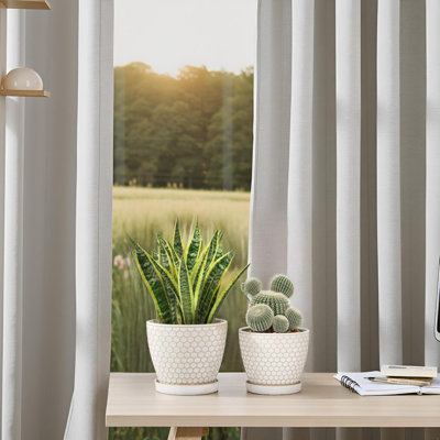 Pots à plantes en céramique d'intérieur, jardinières avec trous de drainage et soucoupe pour la maison / bureau - ensemble de 2 / nid d'abeille laiteux