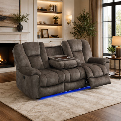 Brown Dutch Calico Fabric Power Reclining Sofa with Drop-Down Table, Cup Holders, USB Port and LED Lights