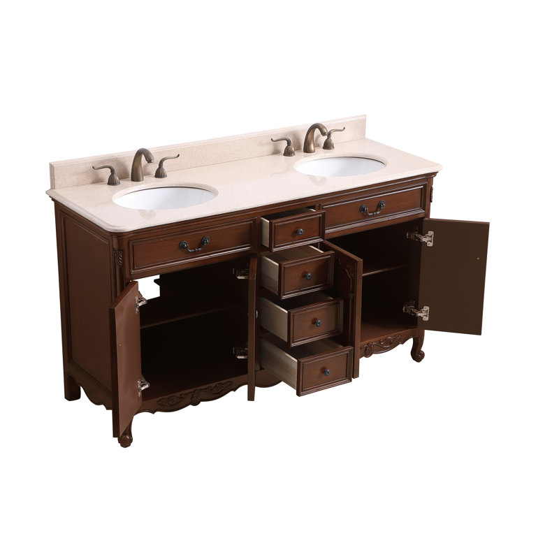 Ensemble de meuble-lavabo double 60 po Angelique, Teck, Crème, crème