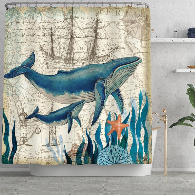 Ensemble de 4 ensembles de salle de bain rétro avec style baleine bleue, Blue/Light Yellow