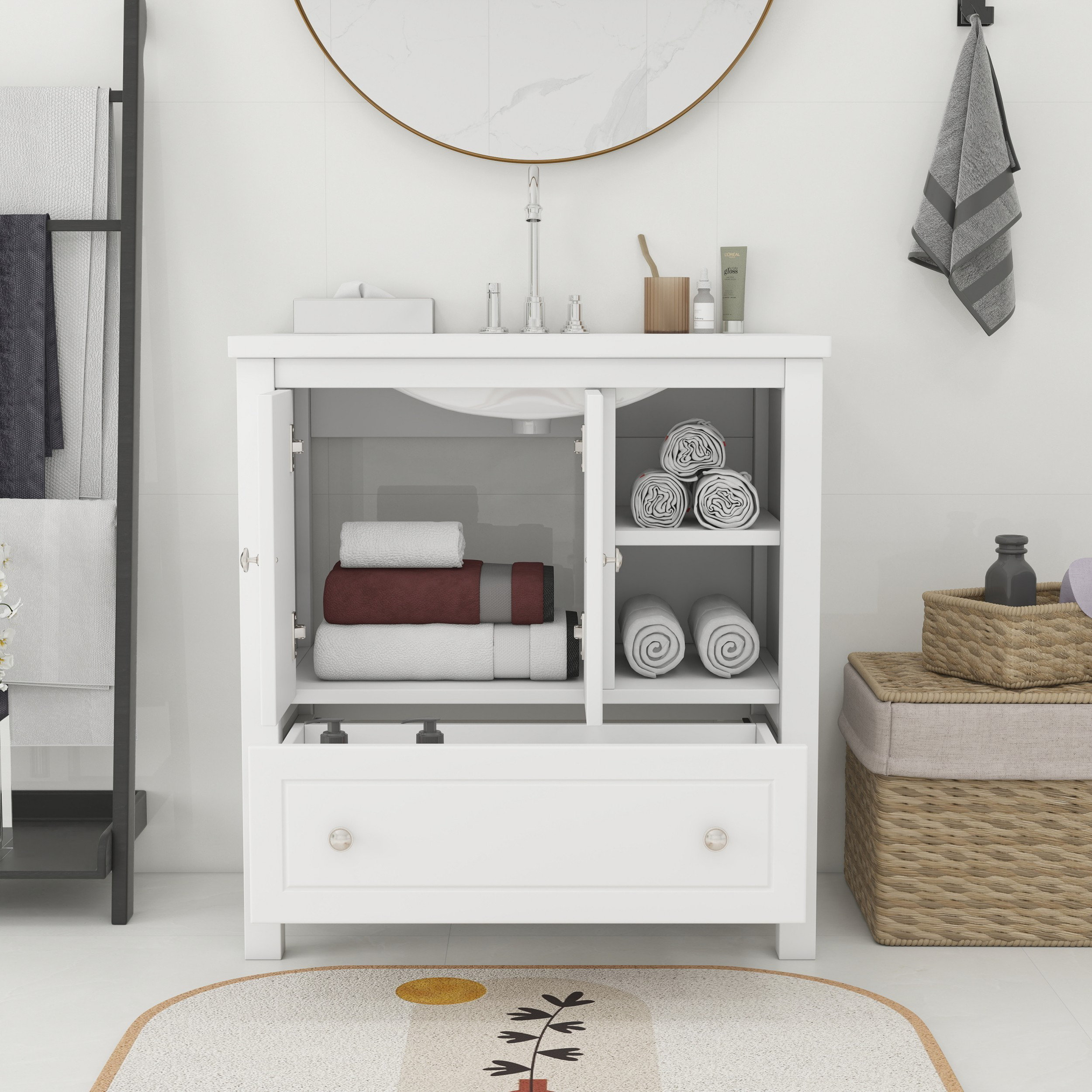 Winston Porter Bathroom Storage Cabinet with Doors and Drawers | Wayfair