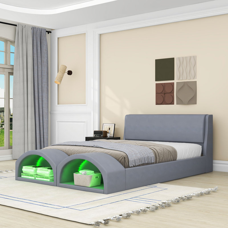 Queen Upholstered Platform Bed with LED Light and Dual Cat Caves, Grey