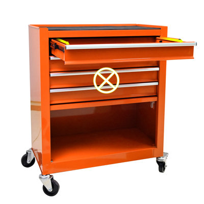 Chariot à outils orange à 4 tiroirs avec roulettes - construction en acier robuste et simple - mouvement de tiroir à roulement pour la construction d'outils de garage