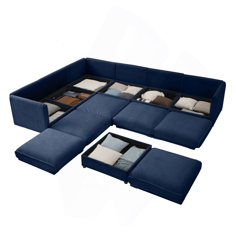 Grand canapé modulaire modulaire avec rangement Canapé modulaire en chenille pour le salon, dossier cylindrique et accoudoirs 6 places, bleu