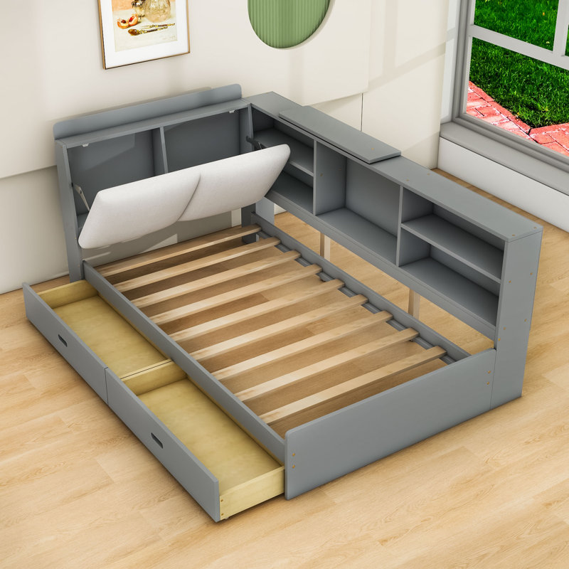 Lit plateforme simple avec tablettes de rangement et 2 tiroirs, Blanc