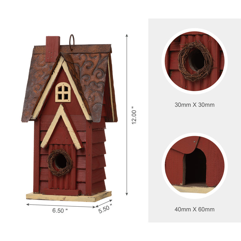 Maison d'oiseaux de jardin en bois massif patiné Strader, Rouge / Brun