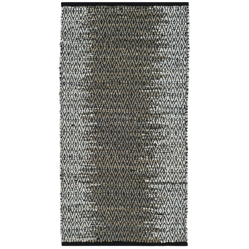 Phillis Vintage Leather Hand Woven Leather/Cotton Geometric Rug in Light Gray/Gray, Rectangle 2'3" x 4'