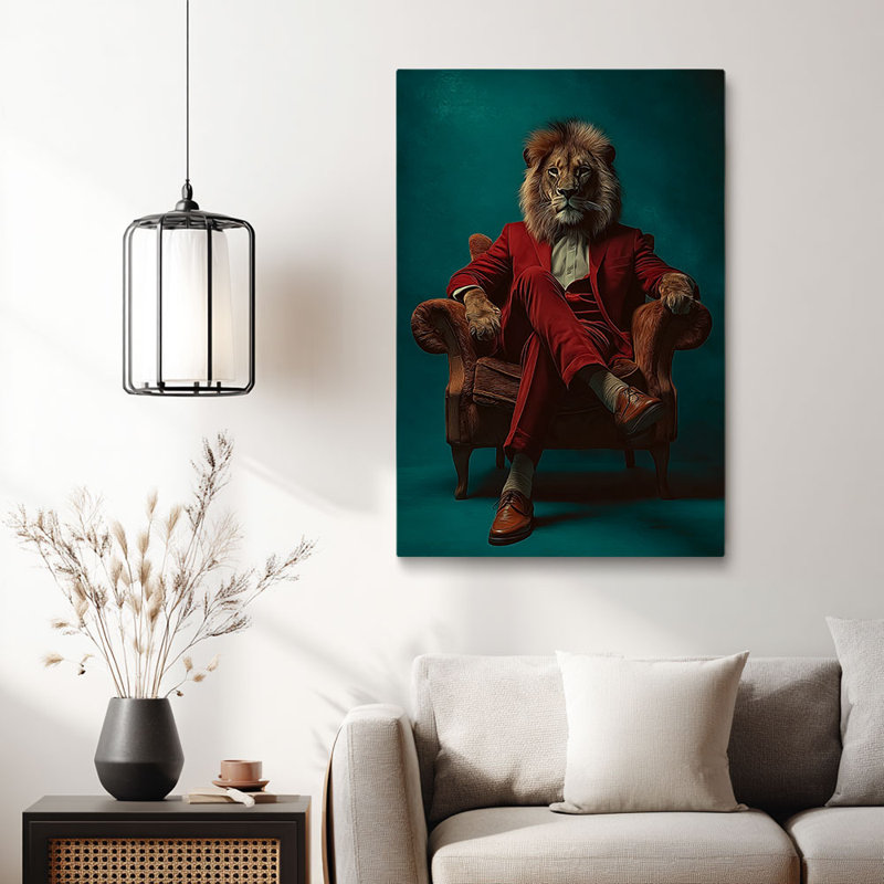 Cadre tendu sur toile tendue «Lion en costume rouge sur fauteuil» sophistiqué pour Eclectic Studio