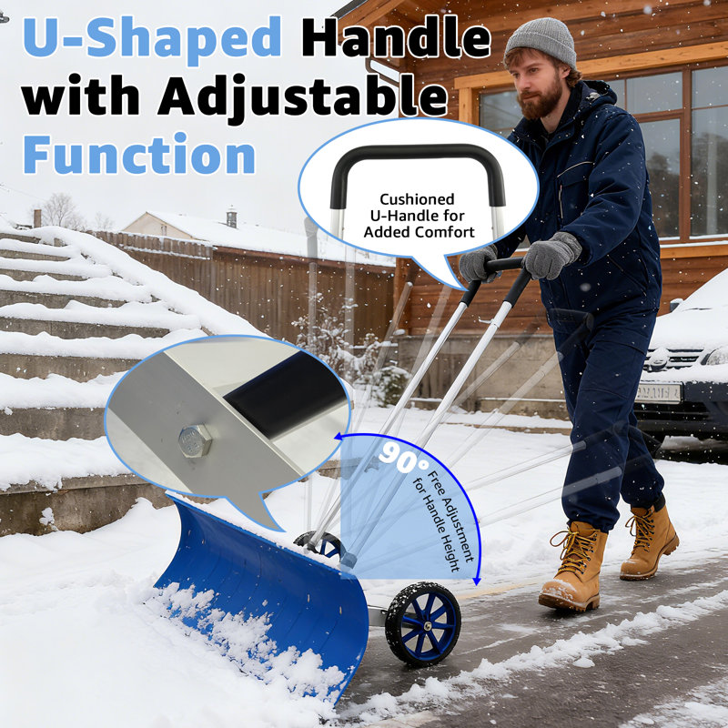 37" Wheeled Snow Pusher, Reversible Blade, Ergonomic Handle, Back-saver Design