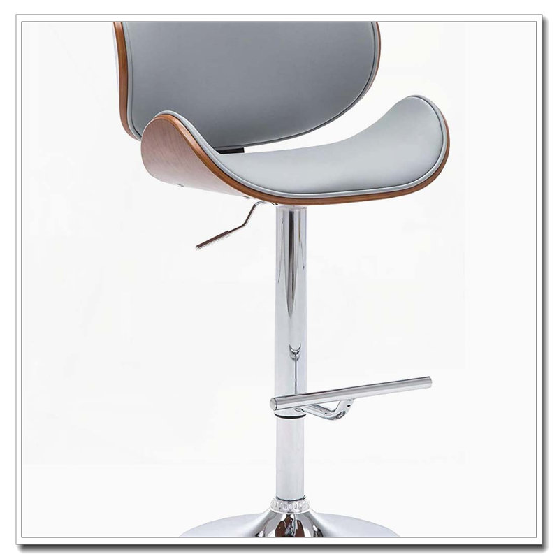 Modern Contemporary Swivel Walnut Bentwood Bar Stool – Gray Upholstery – Adjustable Height, Gray