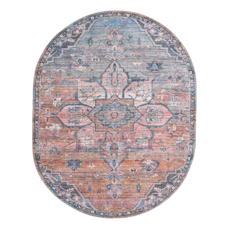 Tapis oriental rose / bleu Gwin, Ovale 7 pi 10 po x 10 pi