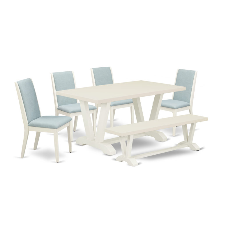 L'ensemble de table de cuisine 6 pièces comprend une table de salle à manger en lin blanc, un banc en bois et 4 chaises Parson en tissu de lin bleu bébé à haut dossier - Lin brossé blanc