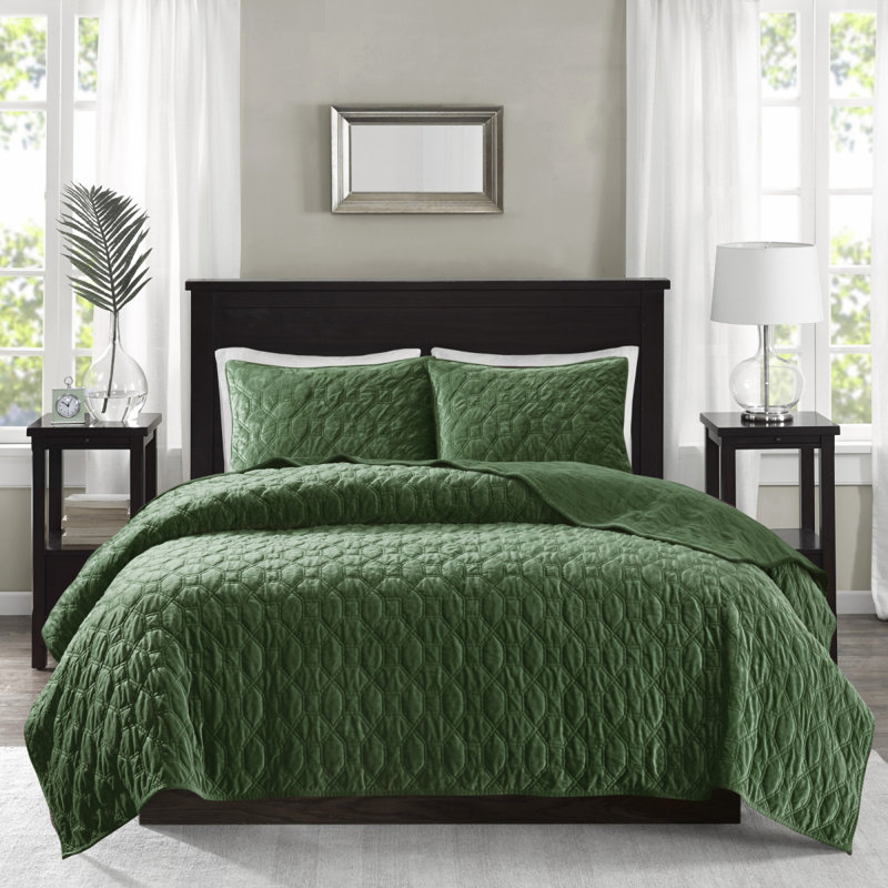 Ensemble de courtepointe en velours 3 pièces vert double / grand, Courtepointe de grande taille et 2 taies décorati, Vert