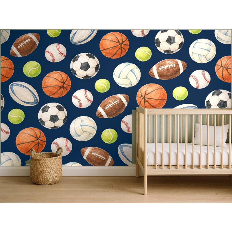 Sports Balls Scatter Wallpaper Mural, Peel and Stick Kids Room Wall Mural, Watercolor Nursery Wallpaper Made to Measure
