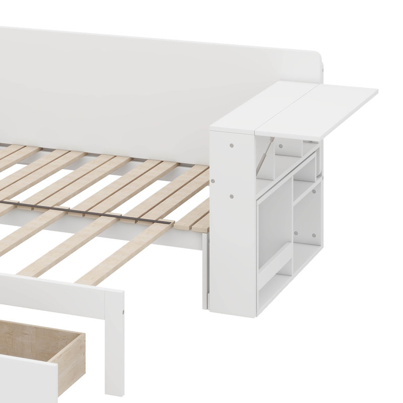 Lit de jour en bois pour grand lit avec tiroirs de rangement intégrés, bureau amovible et table d'appoint hydraulique, Blanc