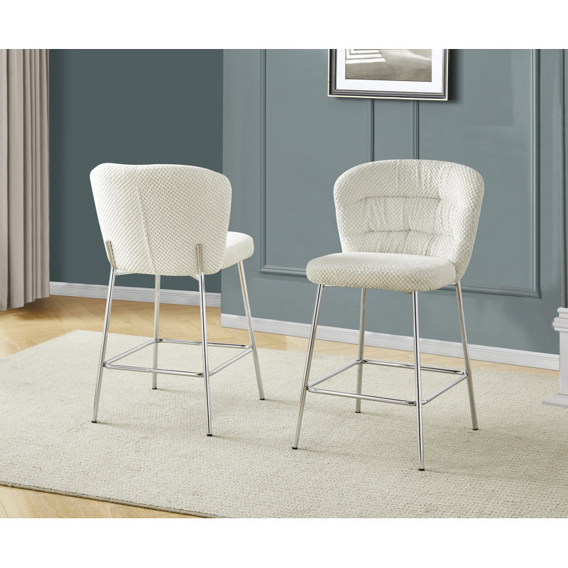 Chaises à hauteur comptoir avec velours texturé et base à carreaux, Crème / argent
