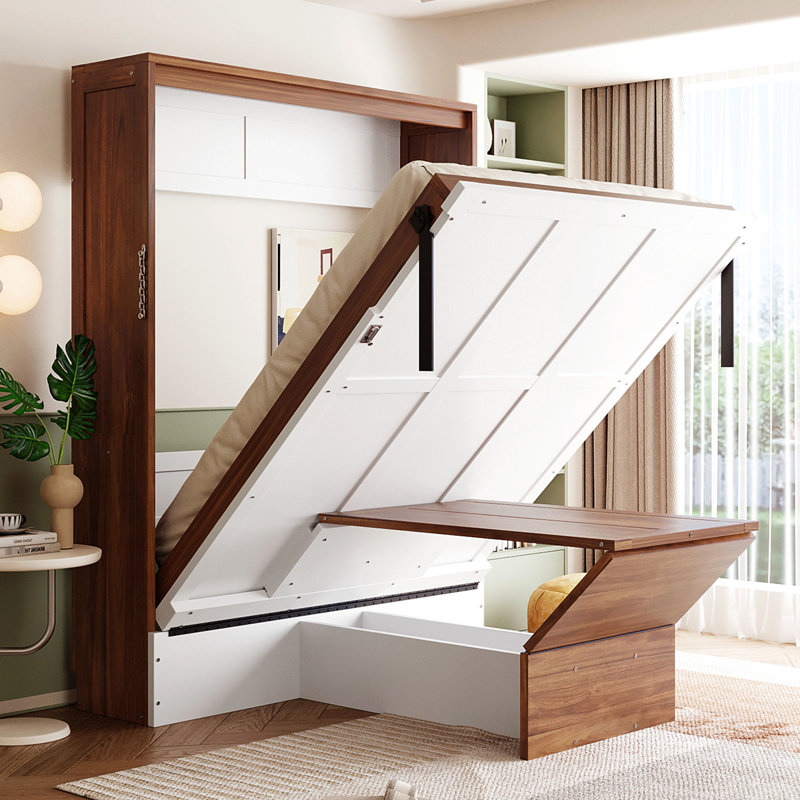 Lit double avec espace de travail intégré, style noyer et blanc, idéal pour les petites chambres d'amis et les bureaux à domicile, bureau pliable mural pour économiser de l'espace, décorations scandinaves, bois massif