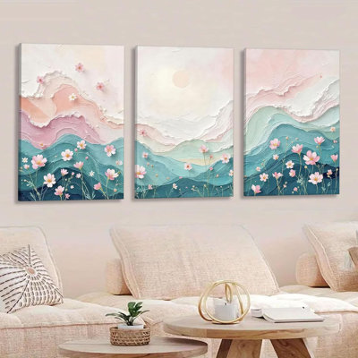 3Pcs Abstract Texture Canvas Wall Art Modern Minimalist Texture Wall Decor Pictures Pastel Flowers And Mountains Posters Prints Paintings For Living Room Bedroom Office Home Decoration