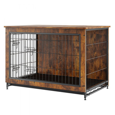 Mobilier de cage pour chien, cage pour chien en bois de 38,6 pouces avec portes doubles, table de bout robuste pour cage de chien avec plateau amovible polyvalent, chenil moderne pour chien de 70 lb ou moins, brun rustique
