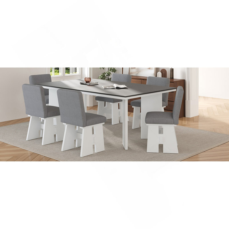 Ensemble de table de salle à manger moderne 7 pièces avec 6 chaises rembourrées gris foncé et blanc Topmax