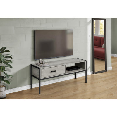Meuble télé, console de 48 po, meuble multimédia, tiroir de rangement, salon, chambre à coucher, stratifié gris, métal noir, contemporain, moderne