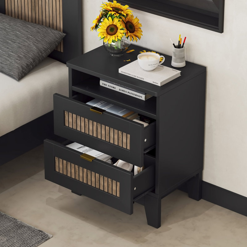 2-Drawer Farmhouse Wooden Nightstand With Wooden Strip Decoration And Metal Handle, Wood Side Table With Storage Cabinet For Bedroom